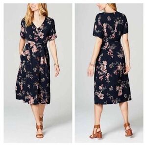 J. Jill Botanical Bunches V-Neck Floral Midi Dress Navy Blue XL MISSING BELT